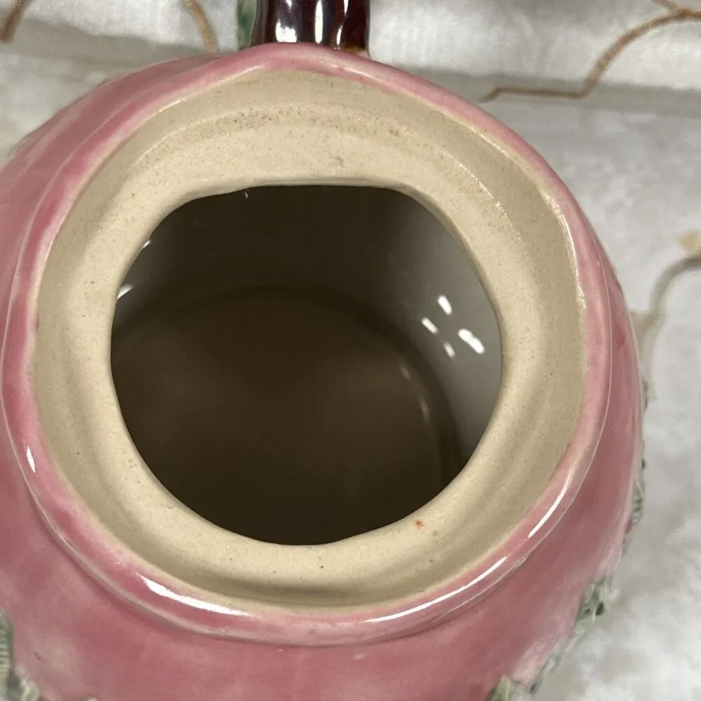 Nouveau Majolica Teapot Pink with Green Leaves Snail on Lid